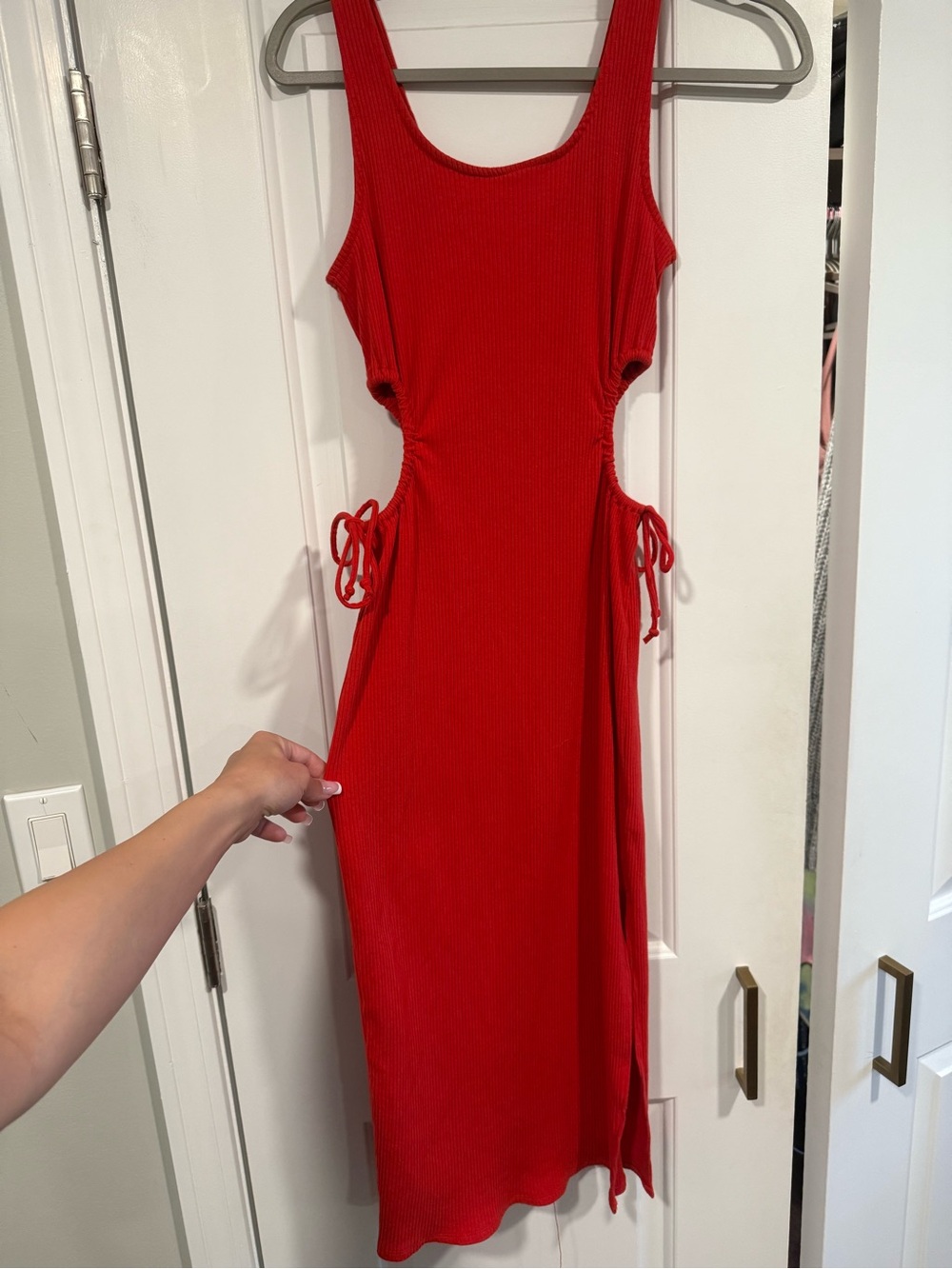 Backless Red Ribbed Midi Dress with Side Cutouts